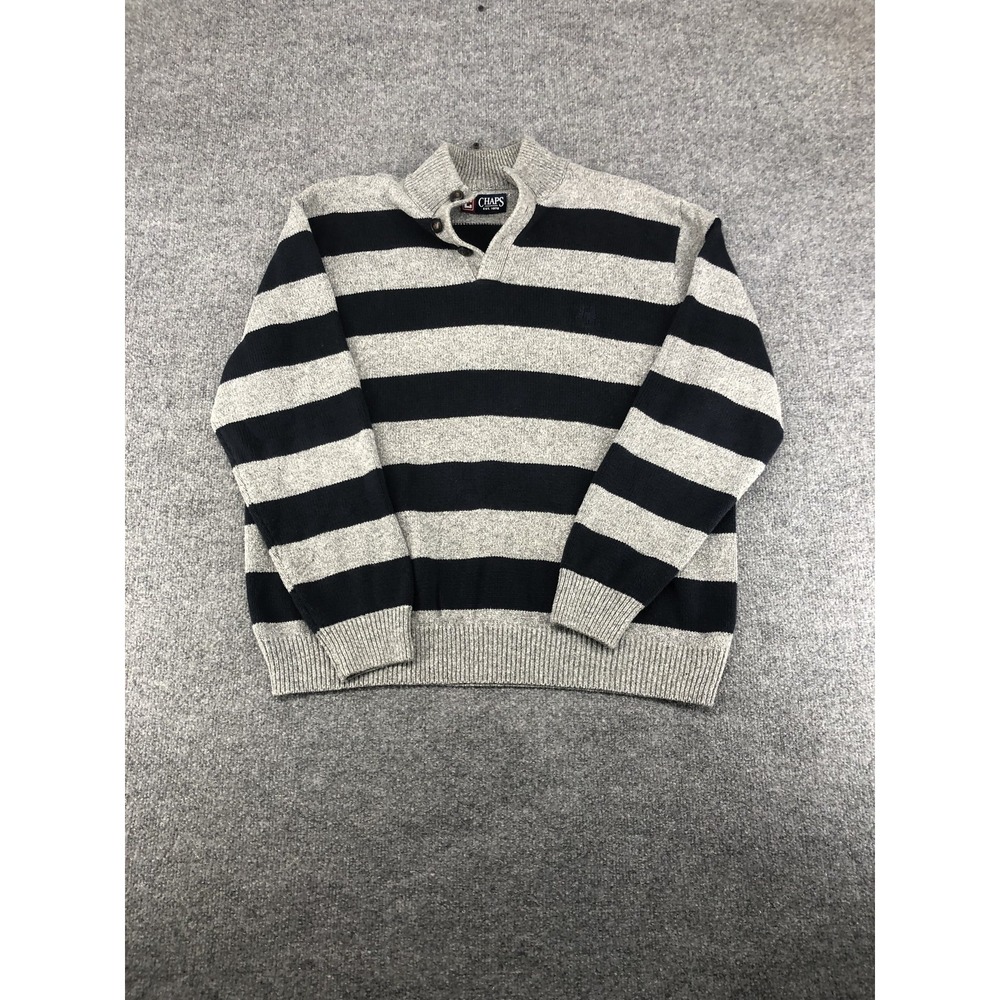 Chaps Sweater Mens XL Black Gray Striped Cotton Blend Knit Pullover‎ Classic